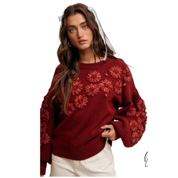 Listicle Red Floral Applique Knit Sweater Statement Pullover Size L - Picture 1 of 8